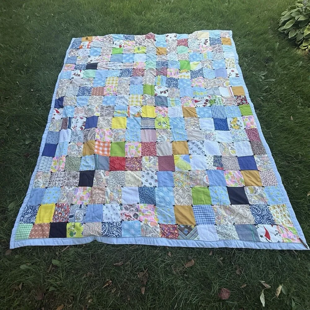 Vintage Handmade Patchwork Tied Quilt Blanket Multicolor 84x70 Throw Floral Blue
